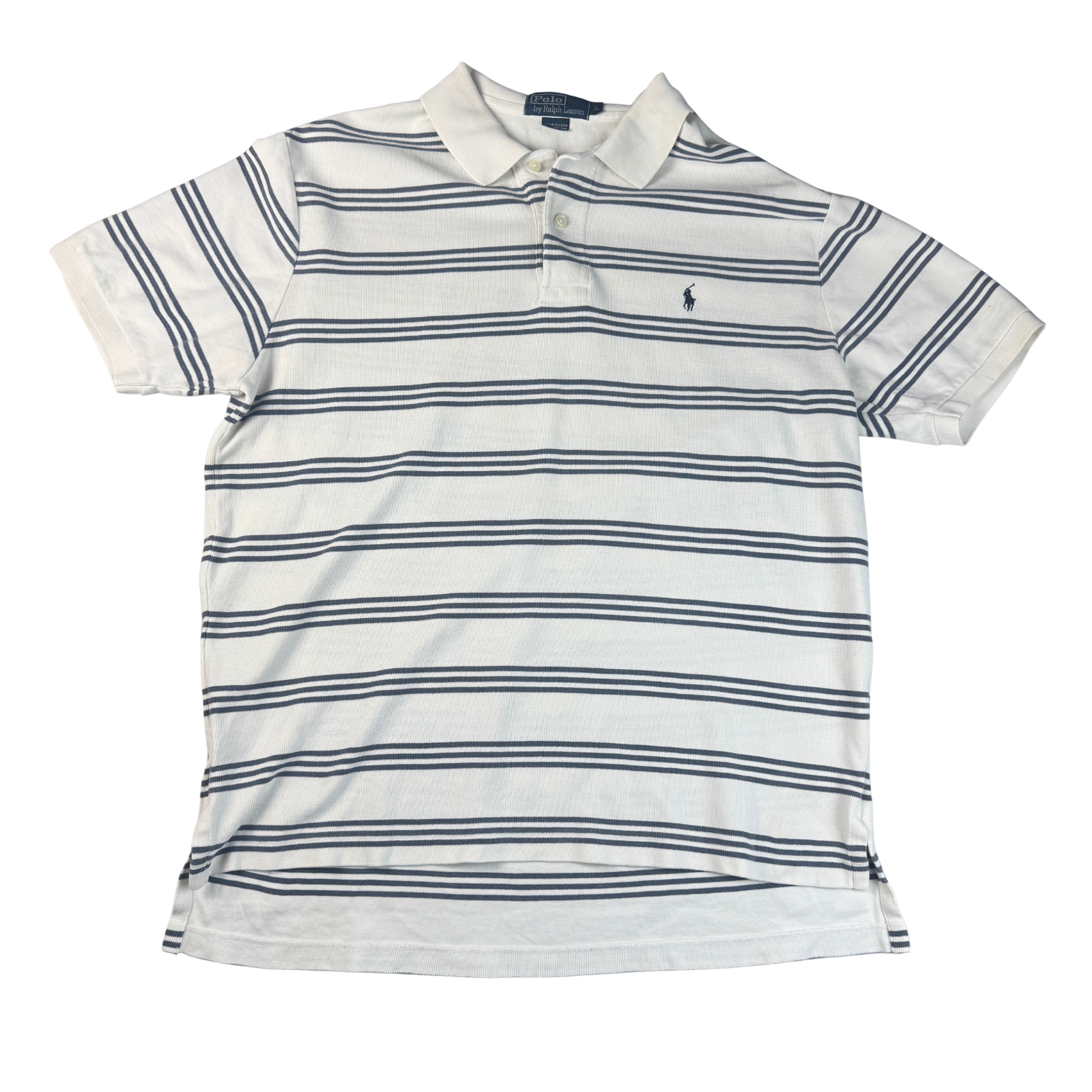 Vintage Ralph Lauren Polo Weiß mit blauen Streifen Gr. L – Vorderansicht
