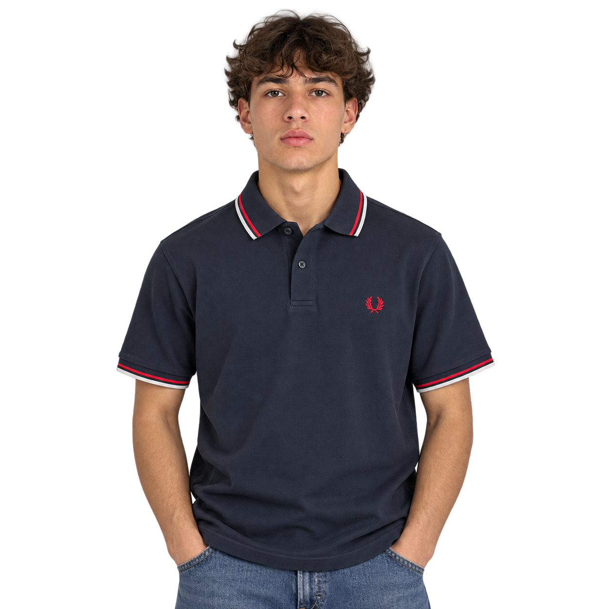 Vintage Fred Perry Polo Kurzarm Schwarz Rot Gr. S – Vorderansicht